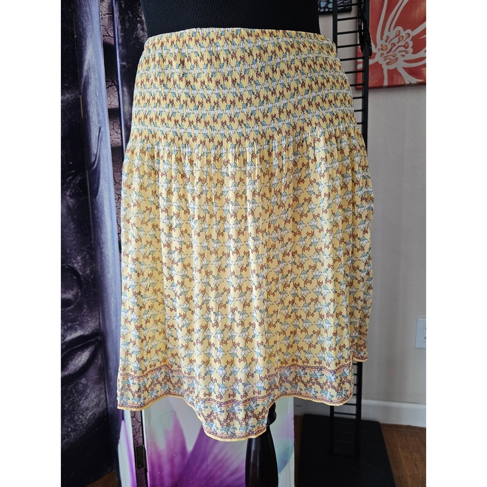 Max Studio Yellow Floral Smocked Waist Mini Skirt Womens Large Boho A-Line Skirt